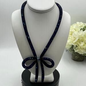 Betsey Johnson Dark Glamour Blue Pink Purple Crystal Mesh Bow‎ Ribbon Necklace